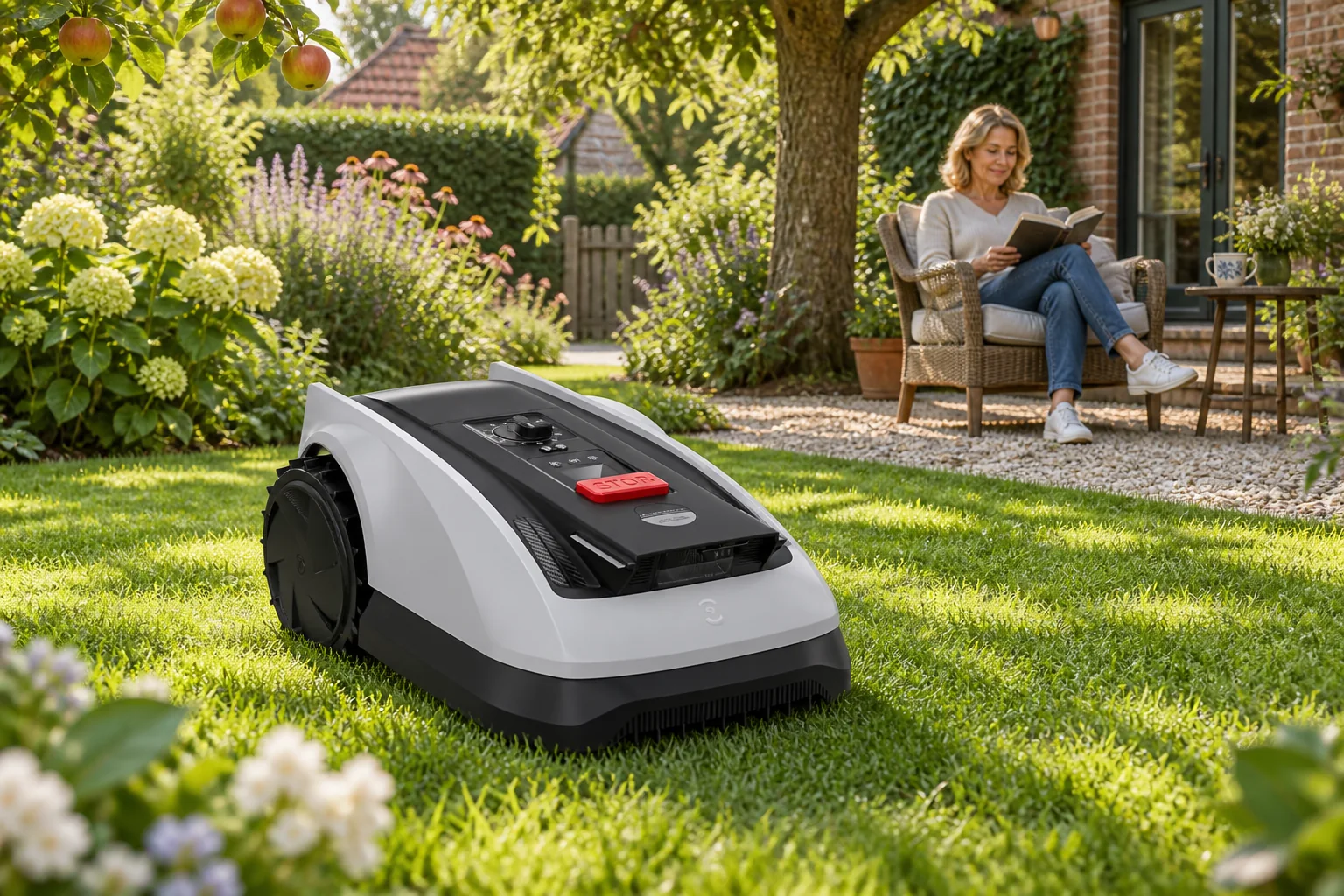 Robot ECOVACS GOAT O600 RTK sur la pelouse, une adulte lit dans un jardin arboré.