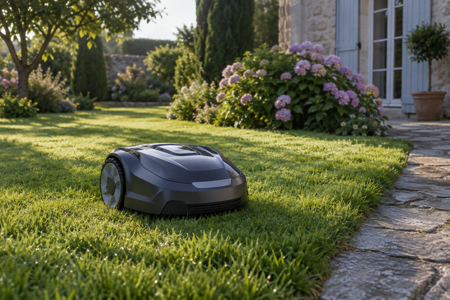 Robot tondeuse autonome sur une pelouse de jardin, lumière du matin